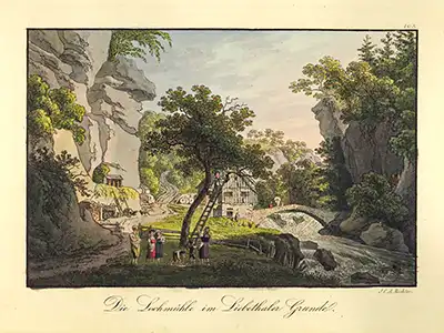 Die Lochmühle im Liebethaler Grunde, Quelle: Sächsische Veduten von I.C.A. Richter