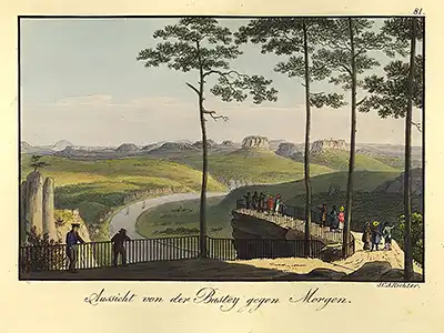 Aussicht von der BASTEY gegen Morgen, Quelle: Sächsische Veduten von I.C.A. Richter