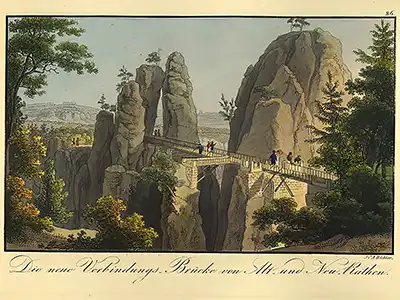 Die neue Verbindungsbrücke von Alt- und Neu-Rathen, Quelle: Sächsische Veduten von I.C.A. Richter